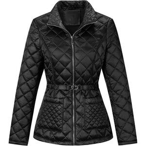 Women Long Sleeve Black Short Quilted Puffer Jacket Coat Zip Up Pockets